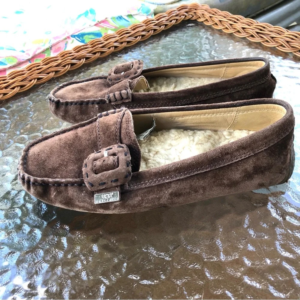 UGG Thelma Brown Suede Shearling Lined Driving Loafers Size 6 EU 37